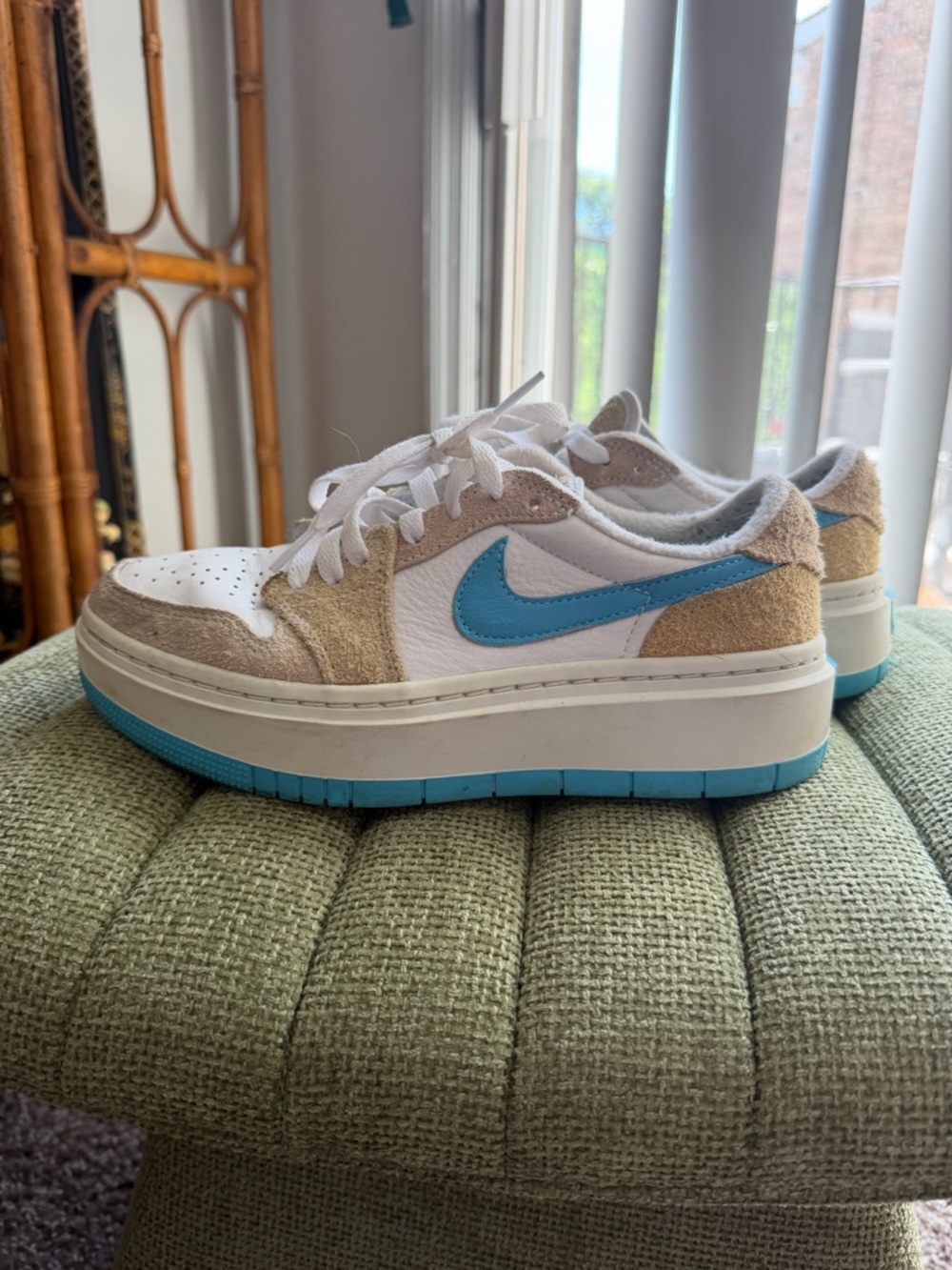 Nike White and Light Blue Platform Sneakers with Beige Suede